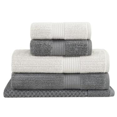 Imagem de Jogo 5 peças de Toalhas Buddemeyer Canelado 100% Algodão Fio Penteado Alta Absorção Extremamente Macia e Leve (2 Banho 140x70cm, 2 Rosto 48x85cm, 1 Tapete 48x80cm) (1744 Cinza/1839 Cinza)