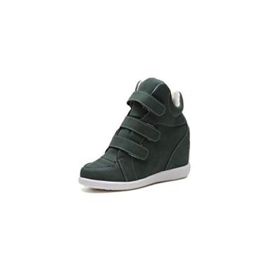 Imagem de Bigfanshu Sapatos femininos de couro de salto alto sem salto anabela moda tênis marca casual botas pretas inverno cano curto, Verde, 35 BR