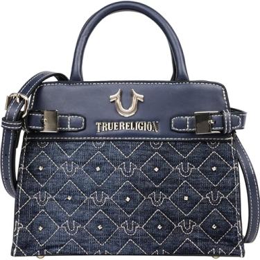 Imagem de True Religion Sacola, bolsa jeans cravejada com estampa de ferradura acolchoada, detalhes de aba de fivela e ferragens douradas, jeans escuro