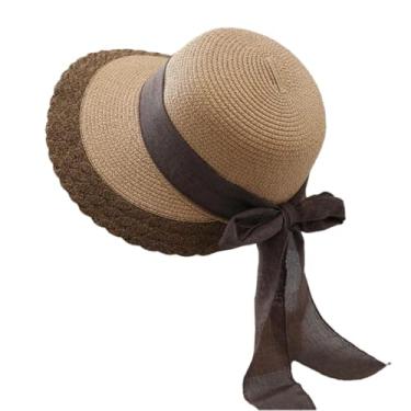 Imagem de Chapéu feminino de verão casual unissex praia jazz sol com fita chapéu panamá chapéu de palha de papel cáqui 54-58 cm
