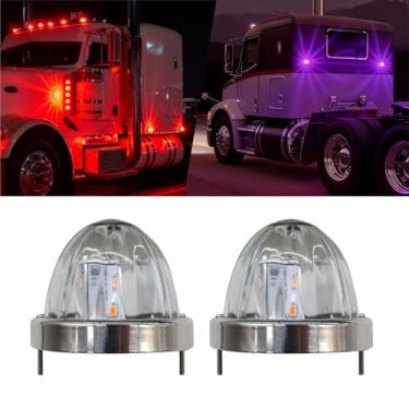 Imagem de 2 peças de luzes de seta laterais de LED vermelhas, luzes de melancia de vidro roxo com bisel, lente transparente, compatível com Kenworth, Peterbilt, caminhões Freightliner