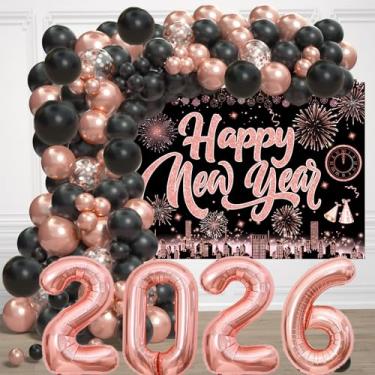 Imagem de Kit de arco de balão de véspera de ano novo - kit de arco de balão preto ouro rosa e balões de alumínio de 81 cm 2026, pano de fundo de feliz ano novo para suprimentos de festa de véspera de ano novo