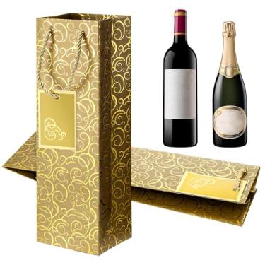 Imagem de Skrfren Sacos de presente de vinho dourados de 10 x 12 x 35 cm, 2 peças, sacos de presente de garrafa de vinho luxuosos, saco de licor reutilizável com impressão de folha dourada, bolsa de vinho