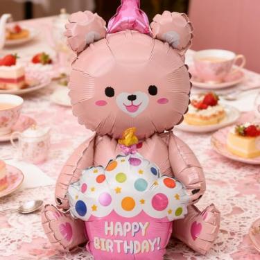 Imagem de 1 balão de festa de aniversário de urso rosa, decoração inflável fofa para celebrações de aniversário infantil, decoração de festa grande para artigos de festa e presentes