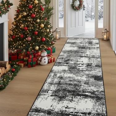 Imagem de Merelax Tapete longo de entrada de 5 x 15 cm, preto branco, lavável, moderno, abstrato, para cozinha, quarto, corredores, sala de estar, tapete antiderrapante para porta interna, alto tráfego