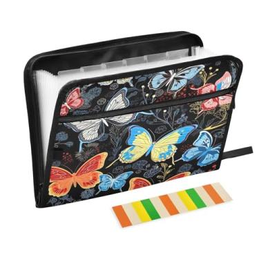 Imagem de Wassud Pasta organizadora de arquivos de papel A4 com borboletas e flores, pasta organizadora de documentos, com etiquetas, pasta de arquivos expansível, 13 bolsos