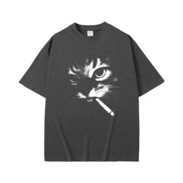 Imagem de Camiseta Gráfica Vintage Oversized Com Estampa De Gato Fumando Para Ho