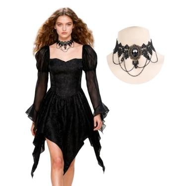 Imagem de DAZCOS Vestido gótico feminino vintage, vestidos góticos, manga comprida, saias casuais, punk vampiro, roupas para o Dia das Bruxas, Preto, X-Large