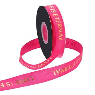 Imagem de PATIKIL Fita de gorgorão personalizada, 2,5 cm x 40 metros Love is Eternal Fita de poliéster para festas de fim de ano, decoração de casamento, embrulho de presente, rosa choque