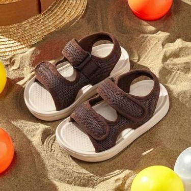 Imagem de Sandálias infantis de malha respirável – sola antiderrapante macia sapatos de praia de verão para bebês meninos e meninas – Alças duplas ajustáveis leves para primeiros caminhantes, Café, 7 Toddler