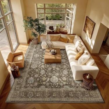 Imagem de Tapetes laváveis de 20 x 25 cm para sala de estar, tapetes de silicone antiderrapantes Boho para quarto, sala de jantar, berçário, escritório, tapete oriental neutro ultrarespesso de 0,8 cm com