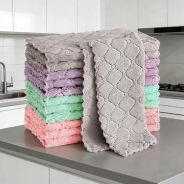 Imagem de Pacote com 10 panos de prato de cozinha de 25,4 cm x 25,4 cm, panos de prato de veludo coral super macios e absorventes, panos de prato de secagem rápida com óleo antiaderente, várias cores