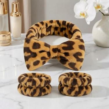 Imagem de Faixa de cabelo de spa, lã coral macia para cuidados com a pele e maquiagem (estampa de leopardo escuro)