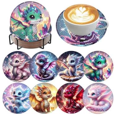 Imagem de 8 peças de porta-copos de arte de diamante para adultos com suporte, kit de porta-copos de pintura de diamante de dragão DIY para iniciantes, porta-copos antiderrapantes, presente ideal 4 × 10 cm