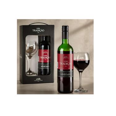 Imagem de Kit Vinho Tradição Bordô Tinto Suave com 1 Taça - 750ml