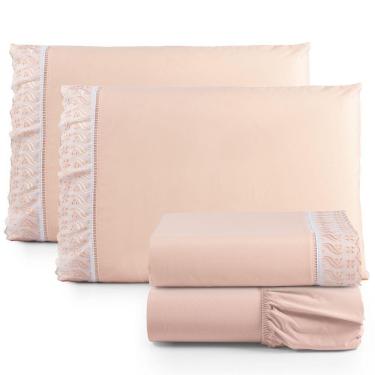 Imagem de Jogo Cama Lençol Paris Queen Percal 180 Fios 100% Algodão Lese Bordada 4 Peças - Salmão