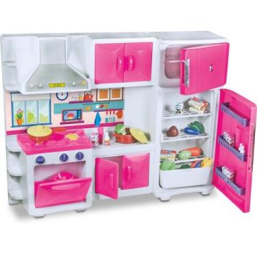Imagem de Cozinha de Brinquedo com Geladeira Armário Fogão e Coifa Rosa Brinqued