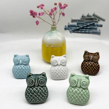 Imagem de YOUYOUULU Puxadores de porcelana de corujas - 5 peças de alças de cerâmica de animais - puxadores de cerâmica requintados e fofos para decoração de móveis de armário DIY
