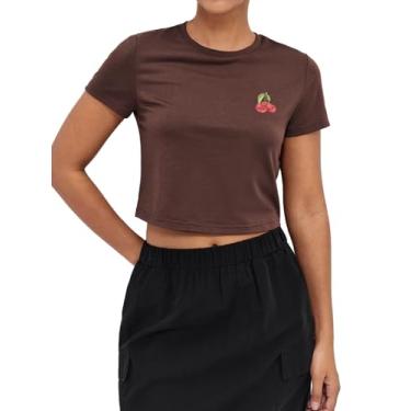 Imagem de AMIMIV Camisetas femininas cropped estampadas 2024 verão na moda manga curta gola redonda slim fit vintage, Marrom - Cereja, GG