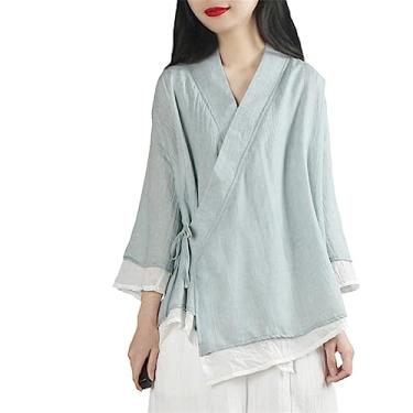 Imagem de Blusas étnicas estilo chinês roupas femininas algodão linho sólido vintage tang terno decote em V blusa solta primavera fina Hanfu, Light En8, Tamanho Único