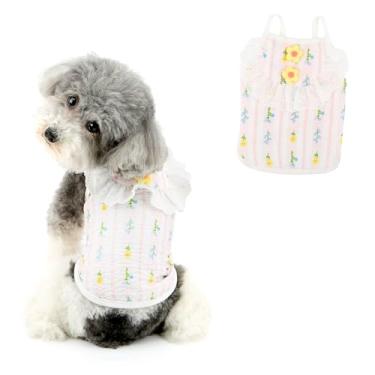 Imagem de Ranphy Camiseta fofa para cachorro com estampa listrada e floral, roupas macias para animais de estimação, respirável, para primavera, verão, chihuahua, roupas para gatos, rosa, P