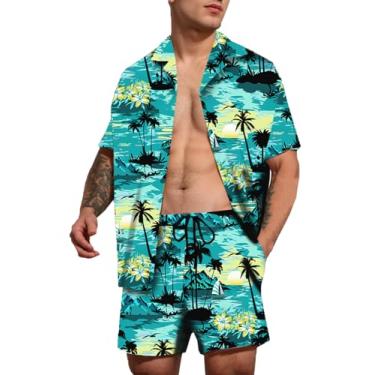 Imagem de Cromoncent Conjunto masculino havaiano de 2 peças, camisa de botão e shorts estampados, roupas de férias, Um azul-petróleo havaiano, 3G