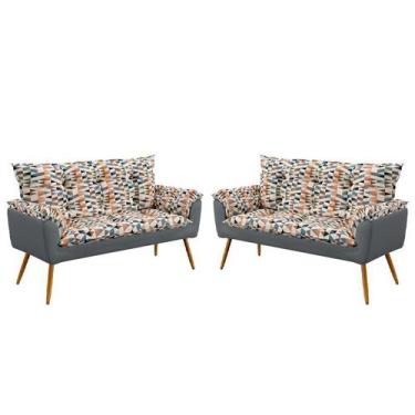 Imagem de Kit 2 Poltronas Namoradeira Opala Suede Estampado Laranja com Cinza Ar