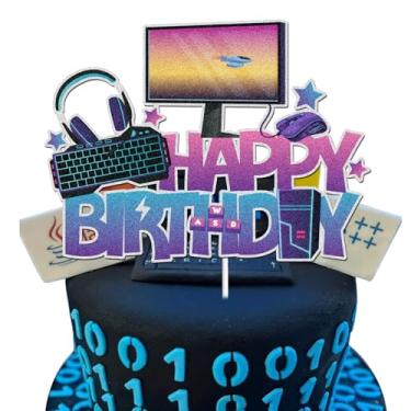 Imagem de Intelligence Computer Happy Birthday Cake Topper Glitter Mouse Keyboard Headphone Cake Decoration Intelligence Computer Birthday Theme Party Supplies for Boys Girls Kids