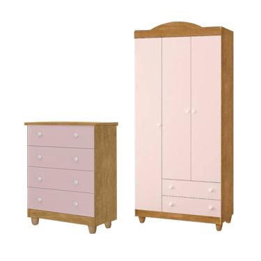 Imagem de Conjunto Comoda Lara E Guarda Roupa Lara Em Mdf Nature / Rose
