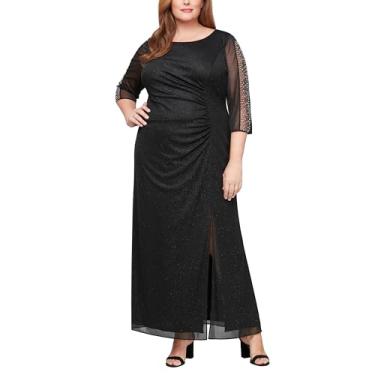 Imagem de S.L. Fashions Vestido feminino longo comprimento franzido cintura formal mãe do vestido com contas ilusão 3/4 mangas (tamanho grande), Preto com fenda frontal, 58