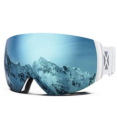 Imagem de MAXJULI Óculos de esqui masculinos e femininos, óculos de neve OTG com lentes magnéticas intercambiáveis anti-nevoeiro HD, proteção UV (armação branca/lente irídio safira)