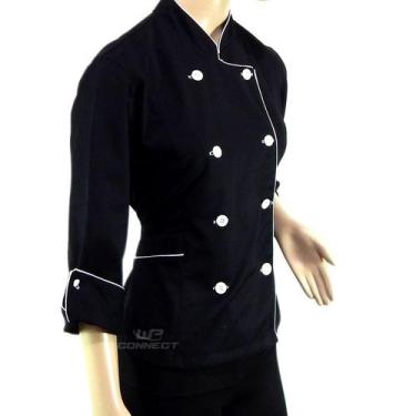 Imagem de Dólmã Chef Feminino Preto/ Branco 100% Algodão - Wp Confecções, Preto 