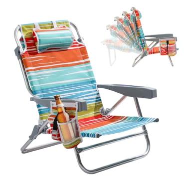 Imagem de Cadeira de praia com 5 posições de alumínio, cadeiras de praia compactas e portáteis para adultos com bolsa térmica, bolsa de armazenamento, barra de toalha, suporte de copo e suporte de telefone