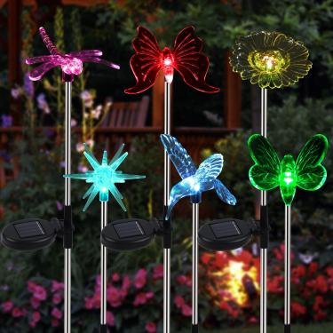 Imagem de Glintoper Pacote com 6 luzes solares de estaca para jardim ao ar livre, luzes de estatueta de borboleta solar, iluminação de paisagem de LED multicolorida, flor de estrela cintilante, beija-flor, libélula para pátio e quintal