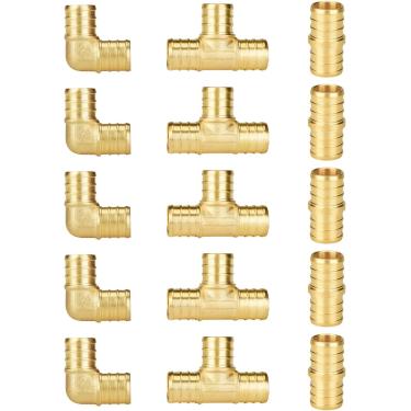 Imagem de Pacote com 15 Conexões PEX de 3/10.2 cm 5 de cada Acoplamento em T de Cotovelo Sem Chumbo Latão Acessórios Pex Variedade de 3/10.2 cm Certificado UPC NSF