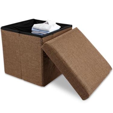 Imagem de LYIYEYAN Banco de armazenamento, pufe de armazenamento de linho de algodão, descanso respirável para os pés para sofá, bancos dobráveis para os pés, banco de troca de sapatos, estável e suporte de