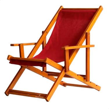 Imagem de Espreguiçadeira em Madeira Maciça para Piscina, Praia – Com Braço, Dobrável, Acabamento Envernizado (Vermelho)