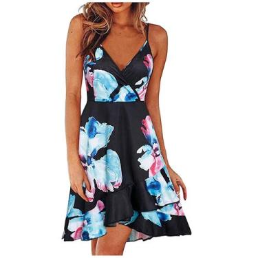 Imagem de Vestido feminino casual estampado com decote em V sem mangas - HUOGUO