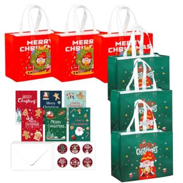 Imagem de Hezeb Conjunto de sacolas de presente de Natal – 6 sacos grandes de presente de nylon (30 x 24 x 14 cm) com 6 cartões de presente de Natal e 6 envelopes, perfeitos para embrulhar e fazer compras de