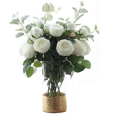 Imagem de LMJYU Flores artificiais, flores artificiais com vaso, buquês de flores de rosas falsas, arranjo floral para decoração de mesa de casa, flores falsas
