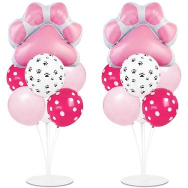 Imagem de Kit de suporte de balões de festa de pata de cachorro, 2 conjuntos com 2 balões de alumínio com estampa de pata de cachorro, centro de mesa para meninas, artigos de festa, chá de bebê, decorações