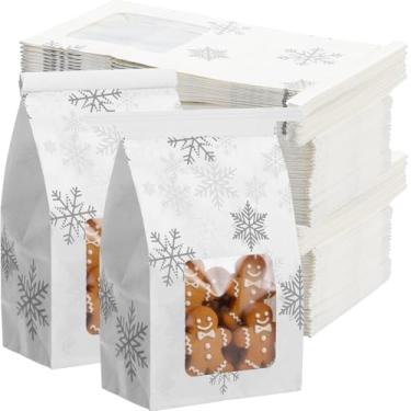 Imagem de Sweetude 60 sacos pequenos de padaria de Natal com janela de 10 x 6,36 x 17 cm, sacos de biscoito de floco de neve, papel kraft de inverno, trava de arame de ferro para dar de presente, café, comida