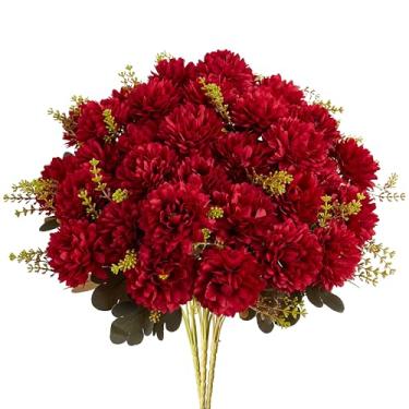 Imagem de XIANNVXI Flores vermelhas bola artificial crisântemo 2 peças 18 cabeças flores falsas buquê de crisântemos de seda vermelha com arranjos de hastes para decoração de casa interior e exterior