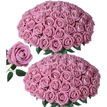 Imagem de 50 peças de flores artificiais de rosas empoeiradas, rosas falsas com caule, rosas de seda realistas para buquês de casamento, mesas de centro de mesa, arranjos de chá de bebê, aniversário, decoração