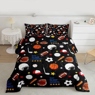 Imagem de Feelyou Conjunto de edredom esportivo, solteiro, futebol, beisebol, basquete, futebol, para crianças, meninos, meninas, preto, edredom com bola, decoração de quarto, microfibra, 2 peças com 1 fronha