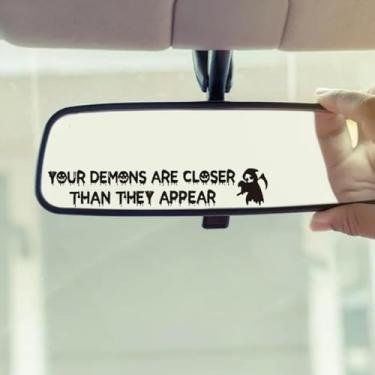 Imagem de 4 peças Your Demons are Closer Than They Appear Decalque de vinil impermeável, adesivo engraçado de carro gótico de Halloween para espelhos retrovisores (preto)