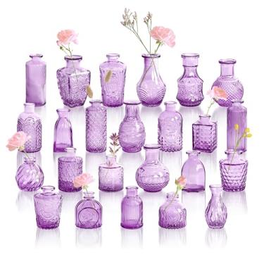 Imagem de GarDream Vasos de vidro roxo violeta a granel 24, vasos pequenos vintage para flores, centros de mesa, mini vaso de flores conjunto de vasos decorativos para casamento, festa, chá de bebê, férias