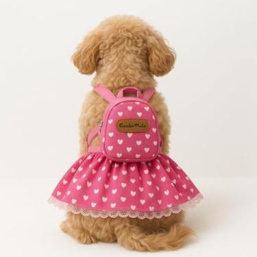 Imagem de Coleira Peitoral Rosa com Bolinha Guia Pet Saia Vestido Roupa Cachorro Gato Lacinho (G)