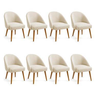Imagem de Kit 08 Cadeiras Poltrona De Jantar Estofada Luna Boucle Bege Pés Palito Castanho - Pallazio
