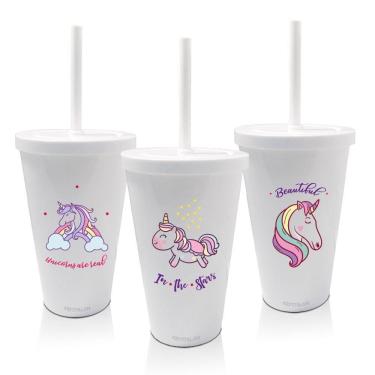 Imagem de Kit 3 Copos Com Tampa E Canudo Unicórnio Dia Das Crianças